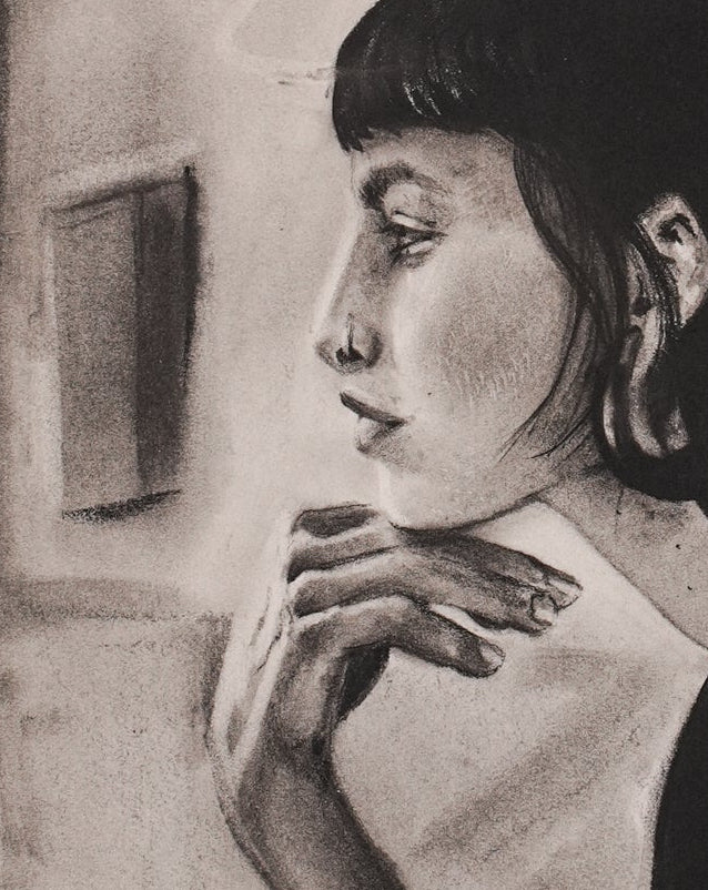 Original artwork featuring a charcoal drawing of a person in profile, with visible Conte crayon and graphite on paper.