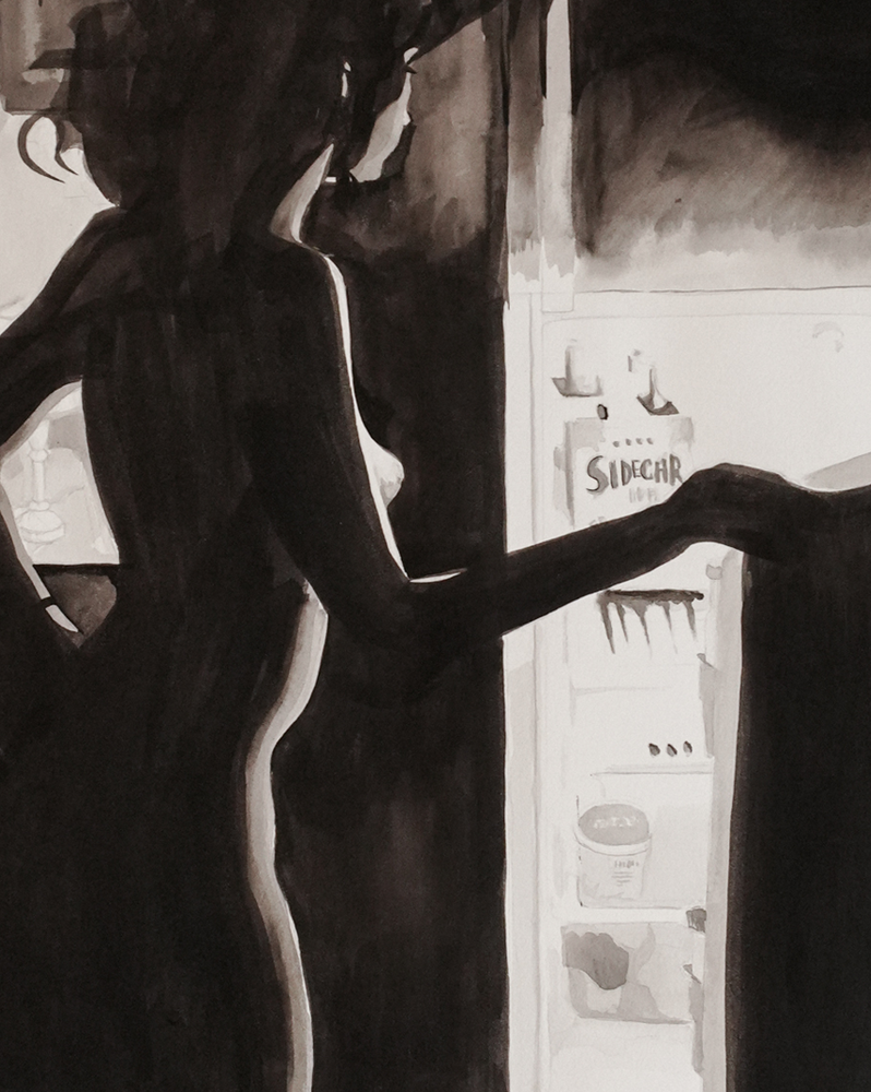 A black and white ink wash artwork of a figure standing near a refrigerator, titled 'Whole Foods' by Davon McMillian.