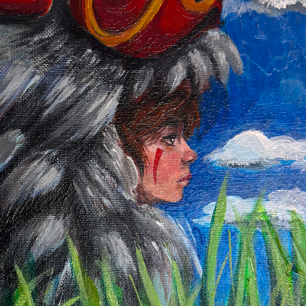 A painting titled 'Wolf Princess' featuring a person with a wolf-like hat in a field of grass with a cloudy sky in the background, executed in acrylic paint on canvas.